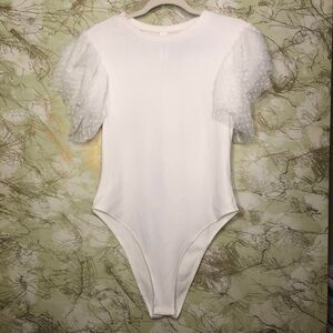 White Bodysuit with Sheer Puff Sleeves – Elegant Mesh Ruffle Feminine Chic